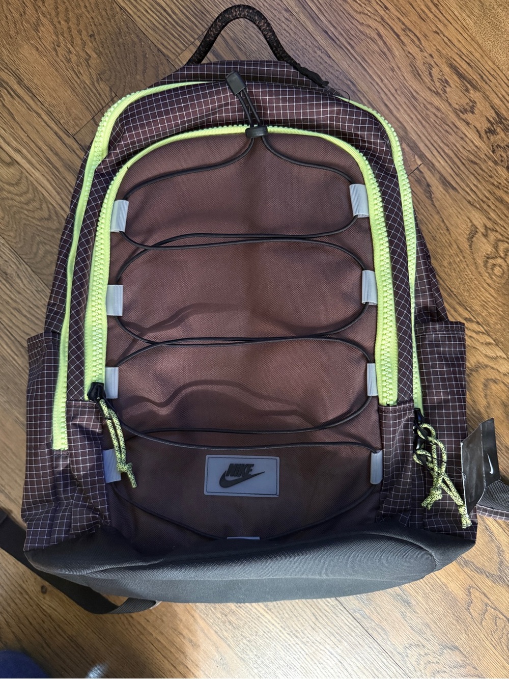 Nike Hayward 2.0 Brown Backpack with Neon Green Zipper Bungee Checkered NEW!